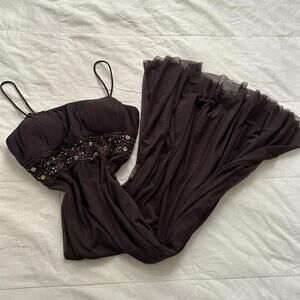 Vintage Xscape petite brown beaded maxi empire waist dress with spaghetti straps